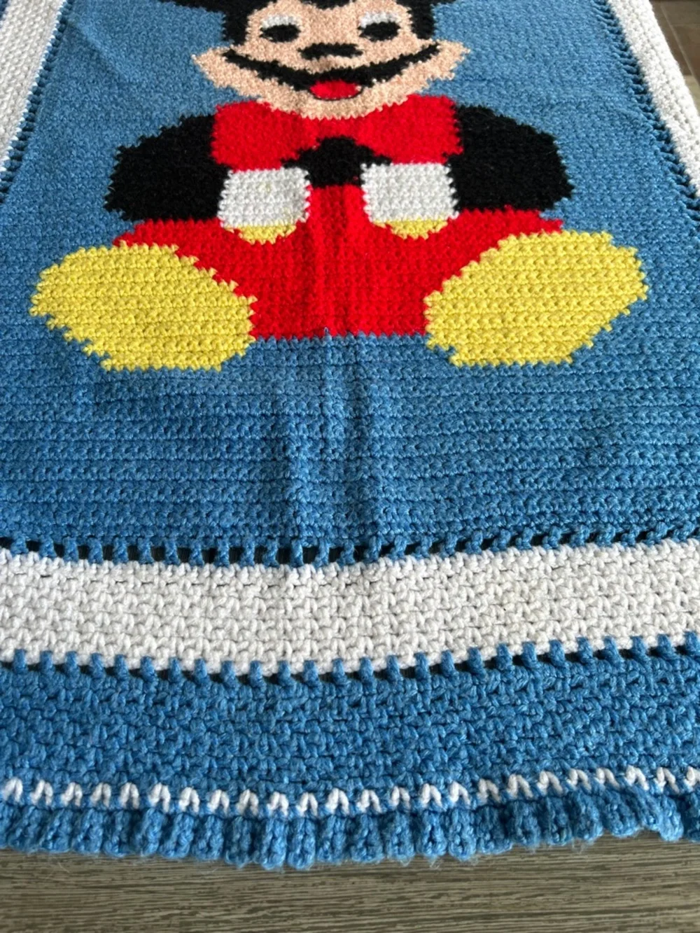 VTG Disney Mickey Mouse Afghan Crochet Handmade Blanket Throw Blue